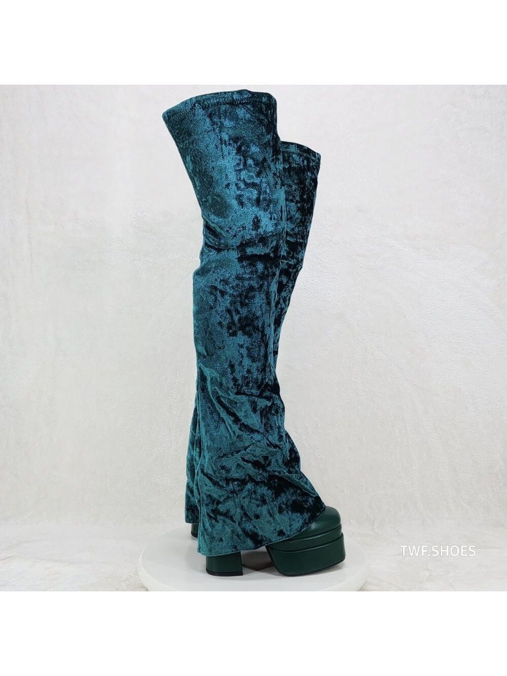 Good Will Unique Thigh High Emerald Velvet Fold over Chunky Heel Platform Boots - Picture 9 of 15